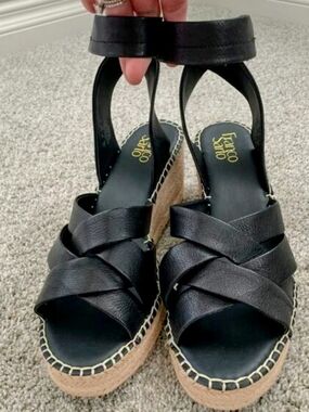 NEW Franco Sarto Black Real Leather Crisscross Wedge Espadrille Sandals Size 10.